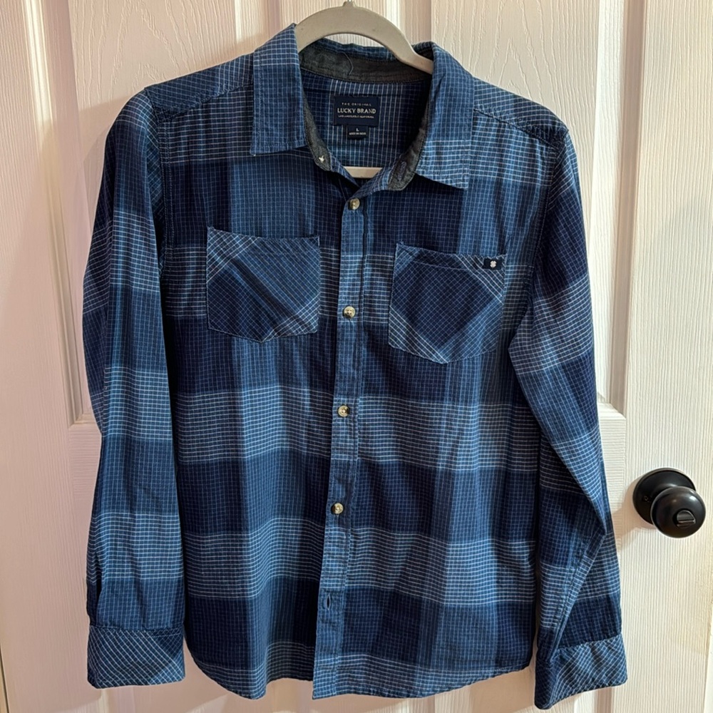 Kids Lucky Brand button down blue patchwork long sleeve 100% cotton shirt size L